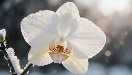 White orchid in the snow, close-up, macro.の素材