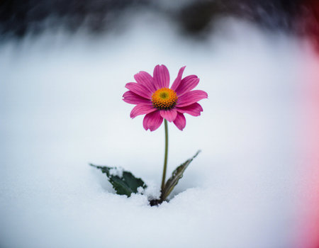 Beautiful flower in the snow, close-up, selective focusの素材