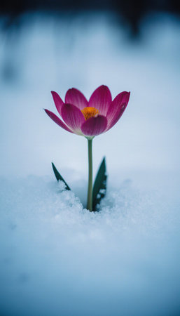 A single pink crocus flower in the snow. Shallow depth of fieldの素材