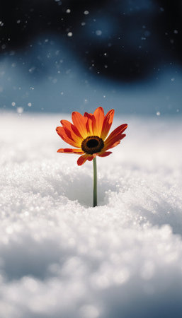 A single orange daisy in the snow with a blurred background.の素材