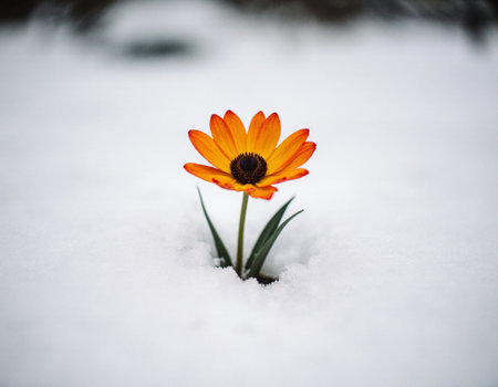 An orange flower in the snow on a cold winter day. Shallow depth of fieldの素材