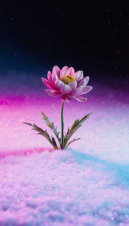 pink chrysanthemum in snow on a dark backgroundの素材