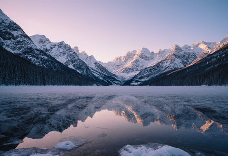Beautiful winter landscape in the Canadian Rockies. Reflection in the lake.の素材