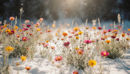 Flower meadow in the snow. Colorful flowers in winterの素材