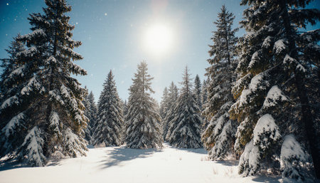 Beautiful winter landscape with snow covered fir trees and sun in the mountainsの素材