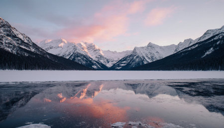 Mountains reflected in a frozen lake, Jasper National Park, Alberta, Canadaの素材
