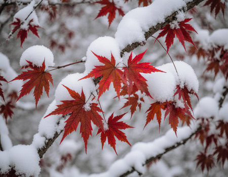 Red maple leaves under the snow in the winter season, Japan.の素材