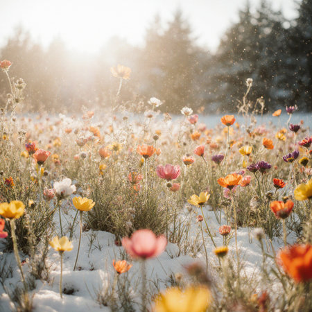 Colorful flowers in the meadow in winter. Beautiful natural background.の素材