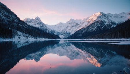 Mountain lake with snow and reflection in the water at sunset. Beautiful winter landscape.の素材