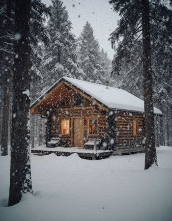 Wooden house in the forest during a snowfall. Winter landscape.の素材