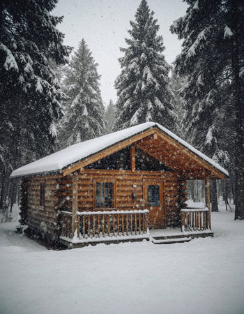Wooden house in the winter forest. Snowfall in the forest.の素材