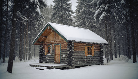 Wooden house in the forest during a snowfall. Winter landscape.の素材