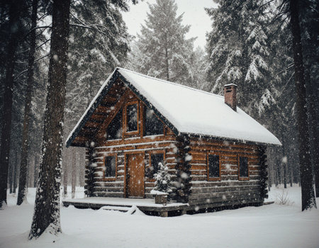 Wooden house in the forest in winter. Cottage in the woods.の素材