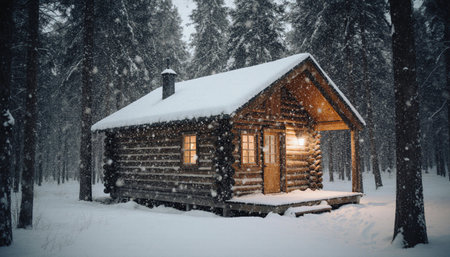 Wooden house in winter forest. Wooden cottage in winter forest.の素材