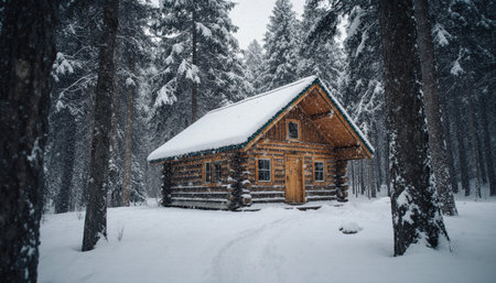 Wooden house in the winter forest. Beautiful winter landscape with a wooden house.の素材