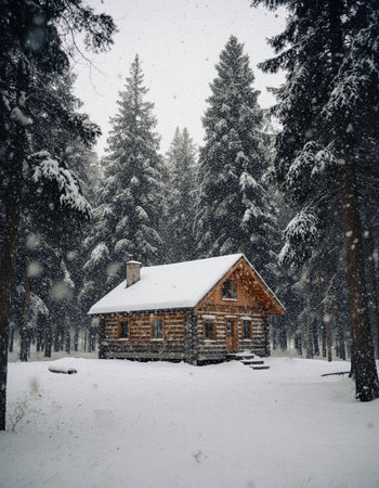 Wooden house in the pine forest during a heavy snowfall.の素材
