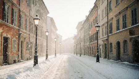 Snowy street in the old town of Vilnius, Lithuaniaの素材