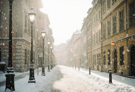 Snowfall in the old town of Lviv, Ukraine. Snowfall in Lviv.の素材