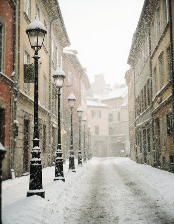 snowy street in old european city center in winterの素材