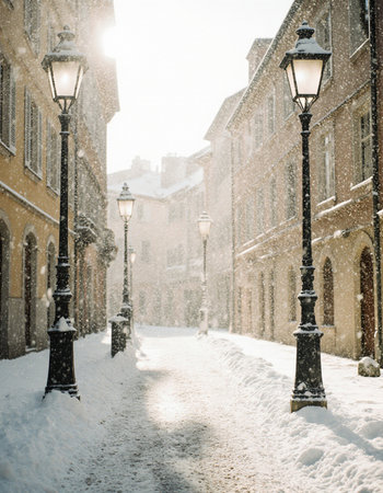 Snowy street in the old town of Gdansk, Polandの素材