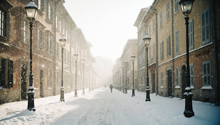 Snowy street in the old town of Bologna, Italyの素材