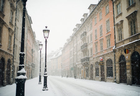Snowfall in the streets of the old town of Lviv, Ukraineの素材