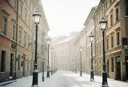 Snowy street in Lviv, Ukraine. Winter cityscape.の素材