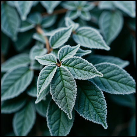 Frost on the leaves of a plant in the garden in winterの素材
