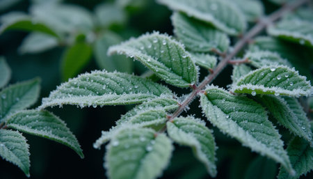 Frost on the leaves of a plant in the early morning.の素材