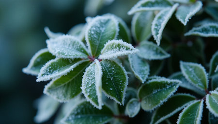 Frost on the leaves of a bush in the garden in winterの素材