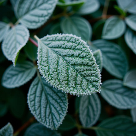 Frost on the leaves of a bush in the early morning.の素材