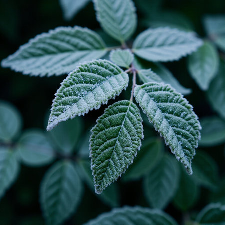 Frost on the leaves of a blackberry bush in the gardenの素材