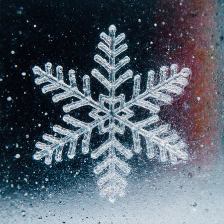 snowflake on the frozen window glass, winter background, close upの素材