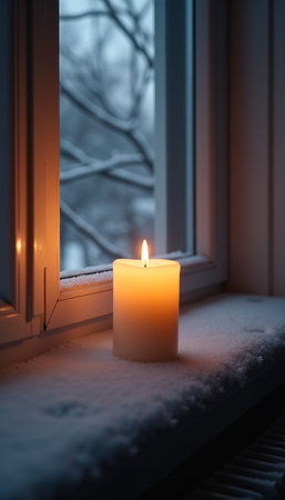 A burning candle on a window sill in winter. Selective focus.の素材