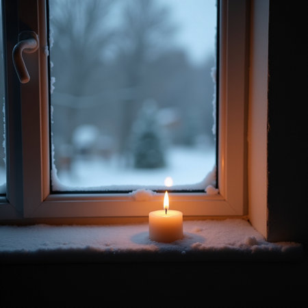 A burning candle in the snow on the windowsill in winter.の素材