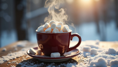 Cup of hot cocoa with marshmallows on the snow in winterの素材