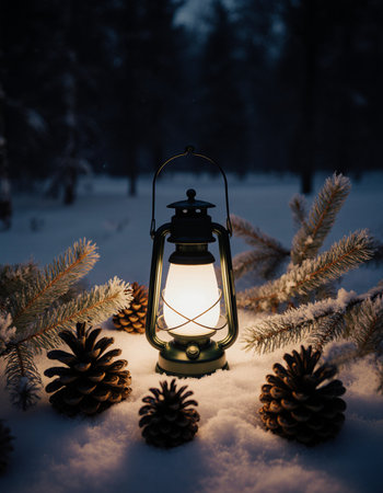Lantern and pine cones in the winter forest. Christmas background.の素材