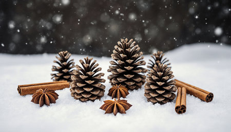 Pine cones with cinnamon and star anise on snow in winterの素材