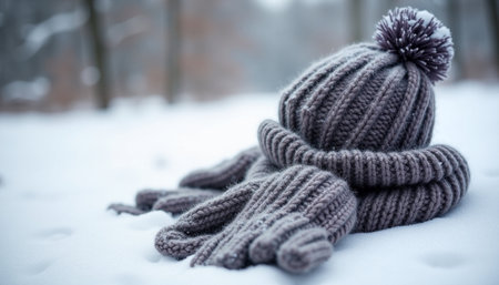 Woolen knitted hat and scarf on the snow in winter.の素材