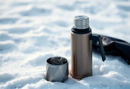 Hiking flask and cup of coffee on snow. Winter camping conceptの素材