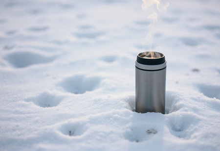 Vacuum flask on the snow in winter. Lighter on the snow.の素材