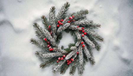 Christmas wreath on snow background. Top view with copy space.の素材