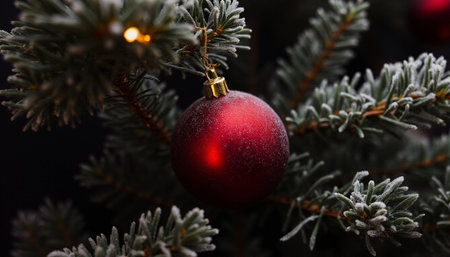 Christmas tree with red bauble on black background, close-upの素材