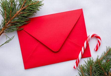 Red envelope with candy canes and fir branches on a white backgroundの素材