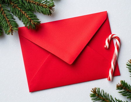 Christmas greeting card with red envelope, fir tree branches and candy canes on white backgroundの素材