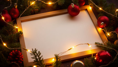 Blank paper with christmas decoration on dark wooden background. Copy space.の素材