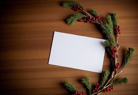 Christmas card with fir branches and red berries on a wooden background.の素材