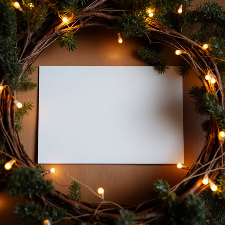 Christmas wreath with blank card on wooden background. Top view.の素材