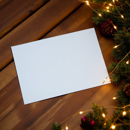 Blank paper on wooden background with christmas tree and lights.の素材
