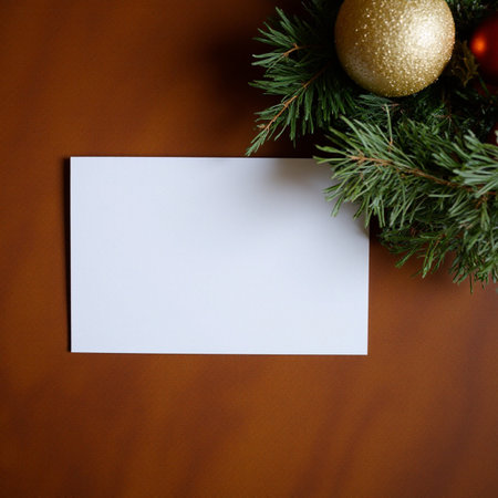 Christmas greeting card on wooden background. Copy space. Top view.の素材